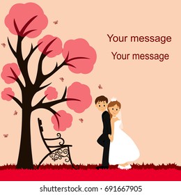 Bride and groom. Wedding card with the newlyweds on the background with decorative tree, butterflies and bench. Wedding invitation. Vector illustration.