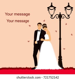 Bride and groom. Wedding card with the newlyweds with a street lamp. Also suitable for invitation card. Vector illustration.