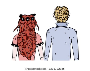 Bride and groom, wedding ceremony back view. A wife in a dress, a flower wreath, and loose red hair holds the hand of her husband in a suit. Bright couple of just married. Flat cartoon vector doodle 