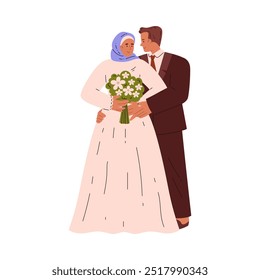 Novia y novio. Ceremonia de Boda. Dibujos animados pareja de recién casados de altura completa. Matrimonio romántico de parejas de amor. Feliz marido en traje y mujer en vestido blanco y hijab. Ilustración plana de Vector aislada