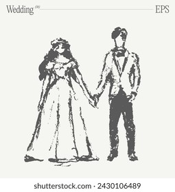 Bride and groom at the wedding ceremony. Hand drawn vector illustration, sketch.
