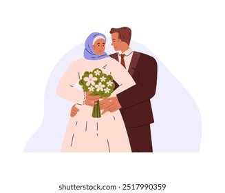 Bride and groom. Wedding ceremony, newlywed couple. Romantic marriage of love partners. Happy husband in suit and wife in wedding dress and hijab. Vector flat illustration isolated on white