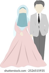 Novia y novio. Ceremonia de Boda. Tarjetas recién casadas de varias alturas completas. Boda romántica de pareja de amor. Feliz esposo con traje y esposa en un vestido rosa y velo hijab. Vector plano aislado