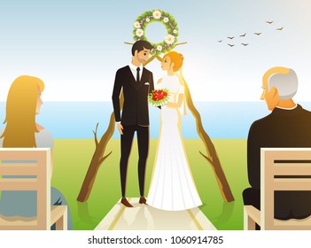 Bride And Groom. Wedding ceremony on the beach by the sea. Newlyweds, Valentines Day. vector illustration card, Love concept. Just married, summer landscape. Vintage Poster Banner. Rustic background.