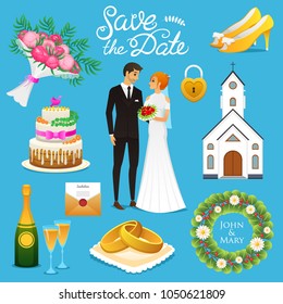 Bride And Groom. Wedding ceremony Set. Newlyweds icons. vector illustration. Married couple, summer. Vintage rustic cake and rings, bouquet, flowers and church, shoes and champagne, wreath and letter.