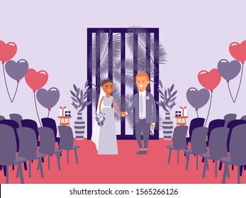 Bride and groom at wedding ceremony, vector illustration. Flat style cartoon characters in empty hall. Happy newlywed couple standing in front of chairs, smiling man and woman in simple wedding dress