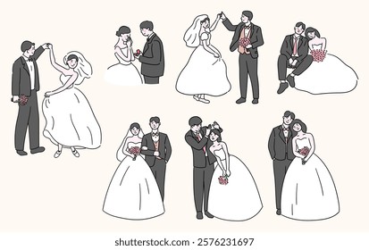 Bride and groom, wedding couple, cute bride and groom vector set with different pose styles