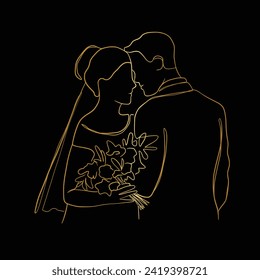  A bride and groom wedding couple drawing. Single line art poster cover design. Valentine's day minimalistic Modern vector illustration. Wall Art, Print, Card, Poster, T shirt. Gold. floral bouquet.