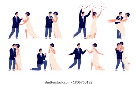 Bride and groom. Wedding couple, engagement or marriage party. Wed celebrations, cartoon man woman dance in love and kiss utter vector characters