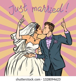bride and groom, wedding couple just married. Pop art retro vector illustration vintage kitsch 50s 60s
