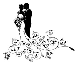 A Bride And Groom Wedding Couple In Silhouette With A White Bridal Dress Gown Holding A Floral Bouquet Of Flowers And An Abstract Floral Pattern Concept