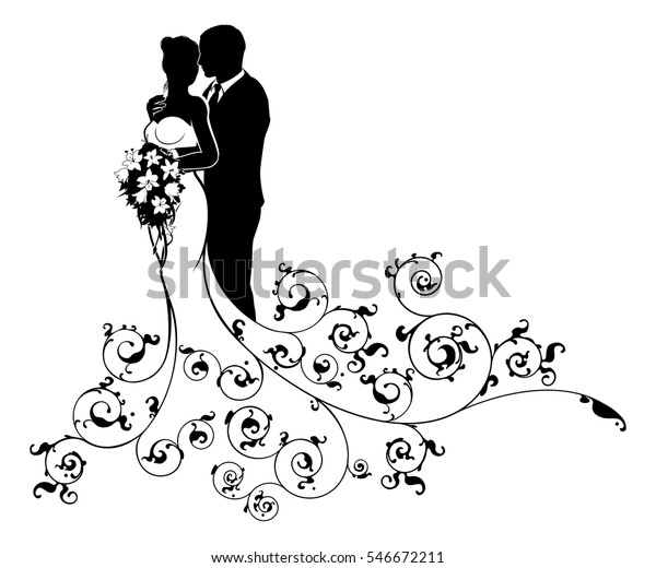 A bride and groom wedding couple
in silhouette with a white bridal dress gown holding a floral
bouquet of flowers and an abstract floral pattern
concept