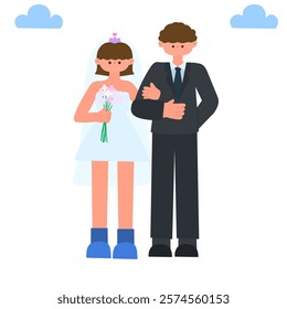 bride and groom wedding couple standing together flat vector illustration