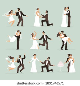 Bride and groom. Wedding couple in various poses jump, dance and kiss, hug and cut cake. Marriage ceremony scenes collection, man and woman in love vector flat cartoon isolated trendy characters set