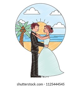 bride and groom wedding day and first dance in beach landscape