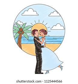 bride and groom wedding day and first dance in beach landscape
