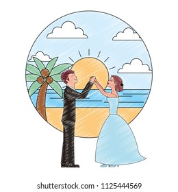 bride and groom wedding day and first dance in beach landscape