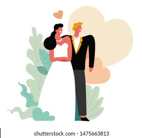 Bride and groom, wedding day and marriage ceremony, hearts vector. Woman in gown and man in tuxedo, family creation and love, party and celebration. Husband and wife, newlyweds and honeymoon