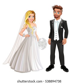 Bride and groom in the wedding day. Vector isolated cartoon characters.