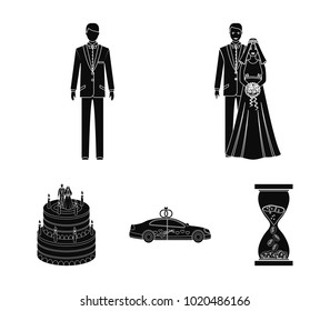 A bride and groom in a wedding dress with a bouquet of roses in their hands, a groom in a festive suit, a cadillant of newlyweds decorated with ribbons and hearts, a wedding cake with the bride and