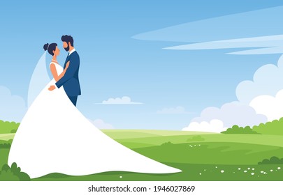 The bride and groom in a wedding dress in the park against the background of a summer landscape. Wedding ceremony or honeymoon. Modern flat cartoon illustration.