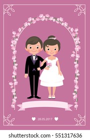 Bride and groom in a wedding dress standing under an arch of flowers holding arm Stock vector illustration