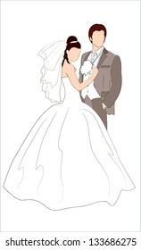 The bride and groom in the wedding dresses with a bouquet of flowers.