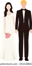 The bride and groom in wedding dresses. Wedding portrait of stylish newlyweds. Vector illustration