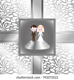 Bride and groom, wedding figures of newlyweds in the center of invitation ribbon with shiny silver pattern in the background