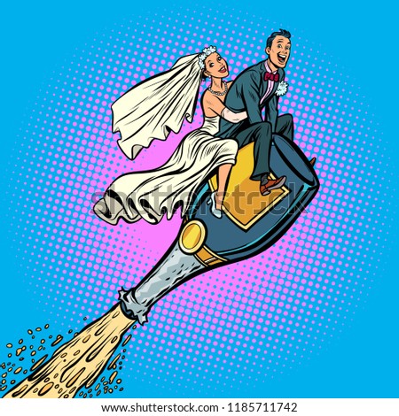 Bride and groom wedding. Flying on a bottle of champagne. Comic cartoon pop art retro vector illustration