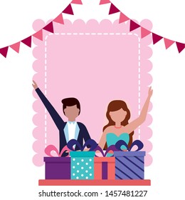 bride and groom wedding greeting card pennant decoration vector illustration