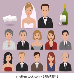 Bride, groom and wedding guests. Vector illustration