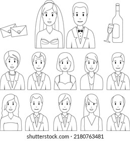 Bride, groom and wedding guests. Vector black and white coloring page