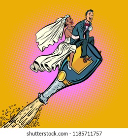 Bride and groom wedding. Inter-ethnic couple. Flying on a bottle of champagne. Comic cartoon pop art retro vector illustration