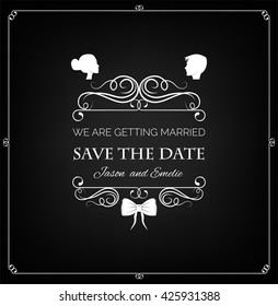 Bride groom. Wedding invitation. Bow tie. Vintage filigree scroll swirl frame element. Bride and groom.  Vector illustration on white backgraund.