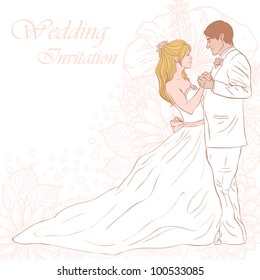 Bride and groom wedding invitation card on a lovely floral background