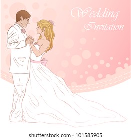 Bride and groom wedding invitation card on a lovely floral background