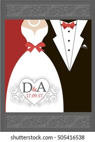 bride and groom Wedding invitation Red Black White. Wedding logo with initials. Frame in the shape of heart. Vintage style 