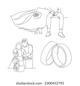 Bride and groom wedding line art set of vector illustrations. 