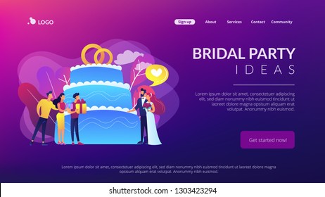 Bride   groom at wedding party   guests and gifts at big cake  Wedding party planning  bridal party ideas  bridesmaid dresses   gowns concept  Website vibrant violet landing web page template 
