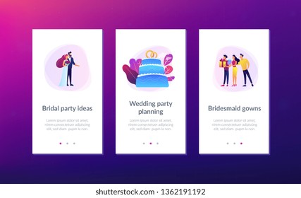 Bride   groom at wedding party   guests and gifts at big cake  Wedding party planning  bridal party ideas  bridesmaid dresses   gowns concept  Mobile UI UX GUI template  app interface wireframe