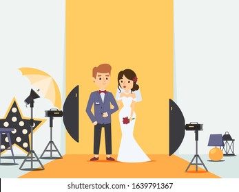 Bride And Groom At Wedding Photoshoot In Photo Studio, Vector Illustration. Newlywed Couple Cartoon Character, Professional Photography Equipment. Husband And Wife In Wedding Dress, Studio Light Setup