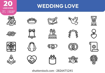 Bride, groom, wedding rings, cake, bouquet, heart, bell, sand timer, dove, knot, arch, gift, handshake, wedding dress, ribbon, lock, and and hourglass for nuptial and romantic event planning.