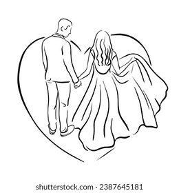 Bride and groom. Wedding silhouette figures of newlyweds. Heart Shape Line Art. Vector illustration