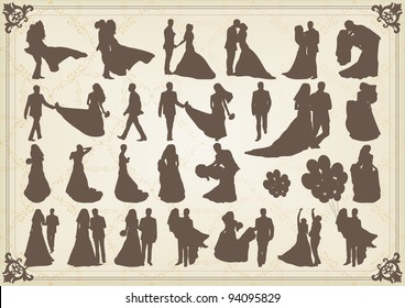 Bride and groom in wedding silhouettes illustration collection background vector