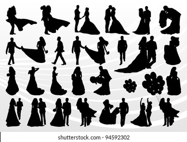 Bride and groom in wedding silhouettes illustration collection background vector
