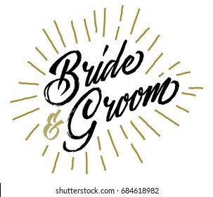 Bride and Groom Wedding typography in gold and black with light rays on white background