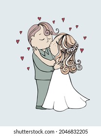 Bride and groom wedding vector. Happy married couple in bridal dress and tuxedo suit. Marriage ceremony. Romantic people in love