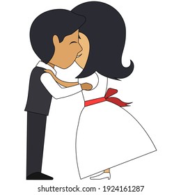 Bride and groom wedding vector icon. Newlywed couple embracing and kissing. Happy marriage, just married. Invitation card design element isolated on white background