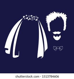 Bride and groom. Wedding veil, glasses, mustache, bow tie funny characters. Vector icons in a flat style.